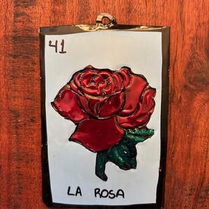 Handgekleurd tinnen ornament van Loteria "La Rosa" The Rose 29060