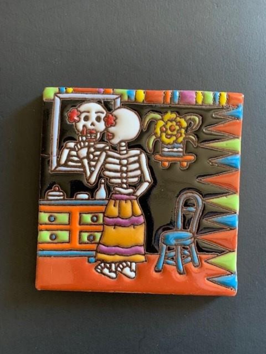 Glazed Tile Day of the Dead Dia De Los Muertos “lipstick Girl” - 25494 ...
