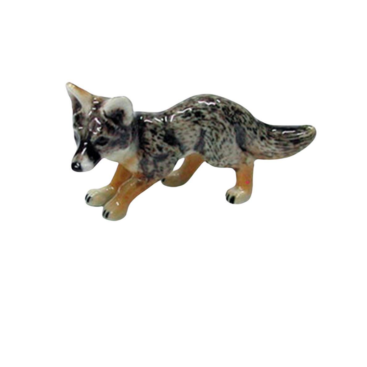 Hand-painted Miniature Porcelain Gray Fox for Dollhouse, Diorama