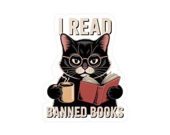 Adesivo de vinil divertido com tema de gato "Eu leio livros proibidos"