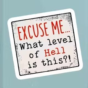 Puede incluir: Adhesivo cuadrado con fondo blanco y borde negro. El texto "EXCUSE ME... What level of Hell is this?!" está escrito en negro y rojo. La pegatina tiene un aspecto envejecido.