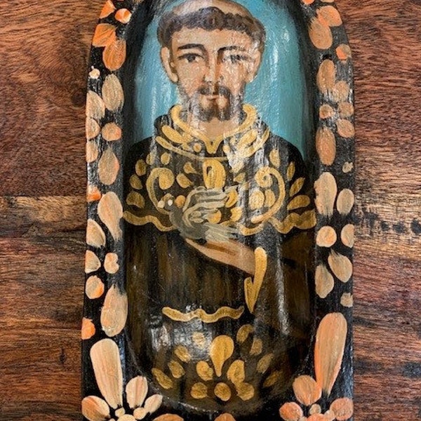 Hand Carved/Painted Retablo of St. Francis of Assisi, Patron Saint of Animals  – 28364