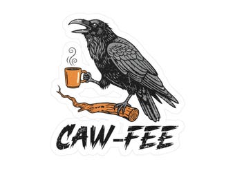 Naklejka winylowa na zderzak z zabawnym krukiem "Caw-Fee" i kubkiem na kawę