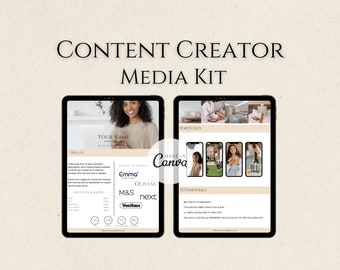 May include: A digital media kit template for content creators. The template includes sections for "Hello", "Services & Rates", "Brand's I've Worked With", "Portfolio", and "Testimonials". The template is made in Canva.
