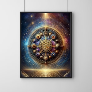 Mandala Energiefeld - Komplizierte Heilige Geometrie Kunst, spiritueller Digitaldruck, universelle Harmonie & Balance, Blume des Lebens Poster