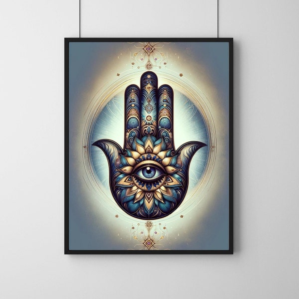 Divine Watcher Hamsa Hand Digital Art - Spiritual Protection & Serenity, Mystical Eye with Ornate Detailing