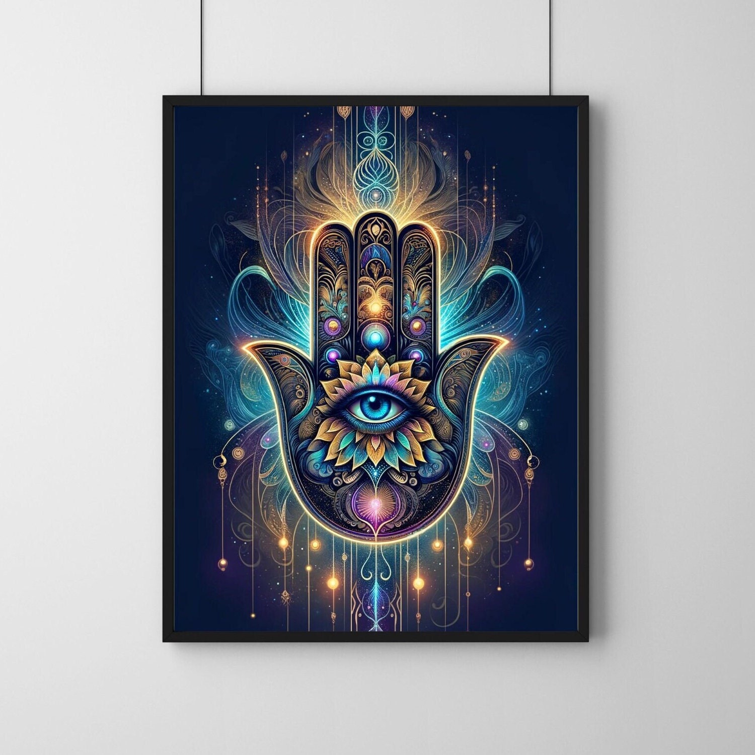 Illuminierte Hamsa Hand Digitaldruck, Spirituelles Auge, Himmlische Energie Kunst, Mystischer Schutz & Erleuchtung, Heilige Geometrie Dekoration