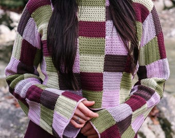 Maglione a flusso libero // Modello all'uncinetto – Maglione oversize stile anni '70 | Motivo a scacchiera | Taglie XS–XXL