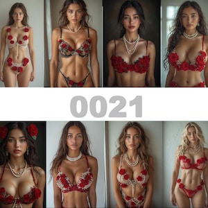 May include: A collection of lingerie sets featuring floral designs. The sets include bras and underwear adorned with red roses and delicate embellishments. Some sets are sheer, while others are opaque, showcasing a variety of styles and textures. The image includes the text "0021".