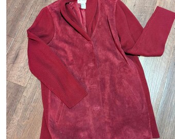 Giacca da donna in pelle VTG Linea, rossa, in camoscio, con collo a scialle, stile boho chic, taglia S.