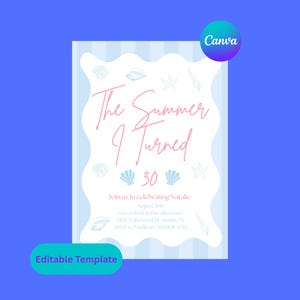 The Summer I Turned Pretty Birthday Invitation, TSITP Birthday Invitation, Editable Canva Template, Blue, The Summer I Turned 30