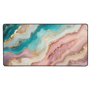 May include: A rectangular desk mat featuring a fluid, abstract pattern of swirling teal, soft pink, and white layers. The design incorporates metallic gold veins that mimic the appearance of natural agate stone with a black border.