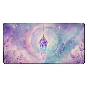 May include: A rectangular desk mat featuring a central faceted crystal pendulum hanging from a chain. The background displays a celestial theme with purple and blue watercolour clouds, golden crescent moons, scattered stars, and purple foliage.