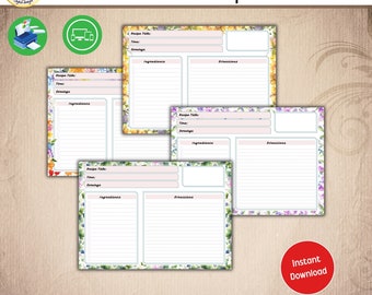 Enchanting Floral Recipe Cards- Printable & Versatile Kitchen Must-Have,Instant Download, Green, Simple, Elegant, Recipe Organizer