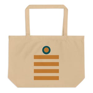 May include: Beige tote bag featuring a teal circle above four orange-brown horizontal stripes. The bag has two long handles for carrying. The design is centered on the front of the bag.