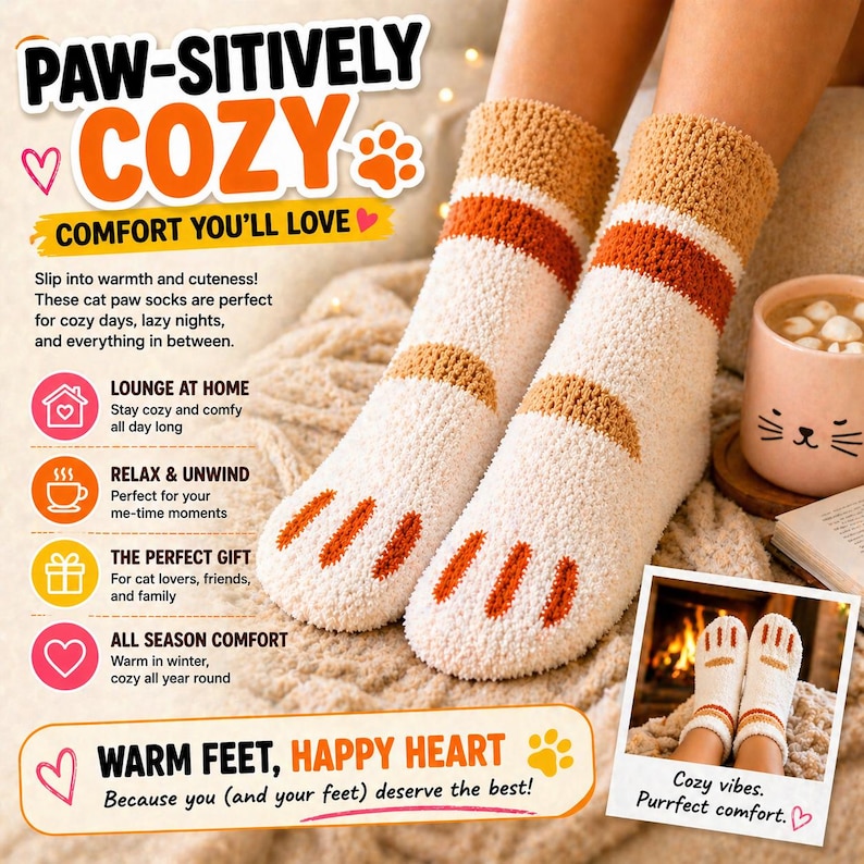 May include: A pair of fuzzy, cream-colored socks featuring a cat paw design with brown stripes and orange toe pads. The socks are textured and soft, extending to the mid-calf. The image includes promotional text and a small inset photo of the socks.