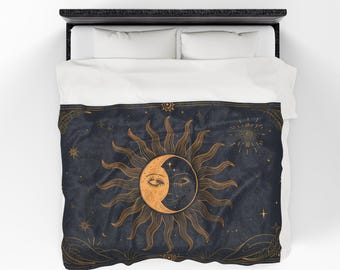 Sun and Moon Celestial Blanket, Witchy Night Sky Throw, Astrology Decor, Cosmic Bed Sofa Throw, Whimsigoth Sun & Moon Gift, Spiritual Gift