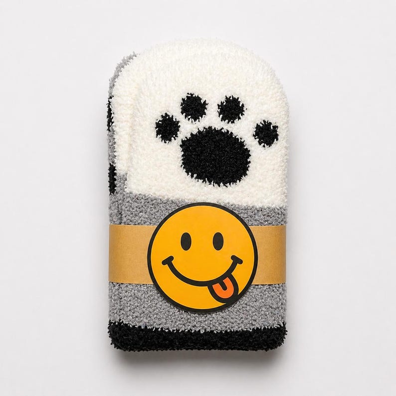 May include: A pair of folded fuzzy socks featuring a white upper section with a black paw print design, a grey middle section, and a black toe section. A tan paper band wraps around the center, displaying a yellow smiley face with a tongue out.