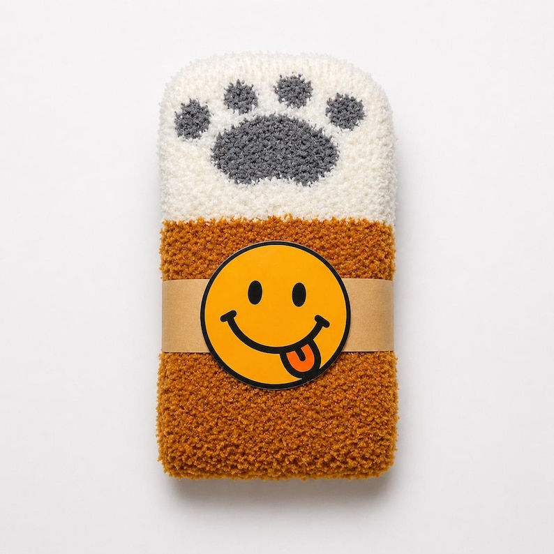 May include: A pair of folded fuzzy socks featuring a white top section with a grey paw print design and a solid mustard yellow bottom section. A tan paper band wraps around the center, displaying a yellow smiley face icon with a tongue out.