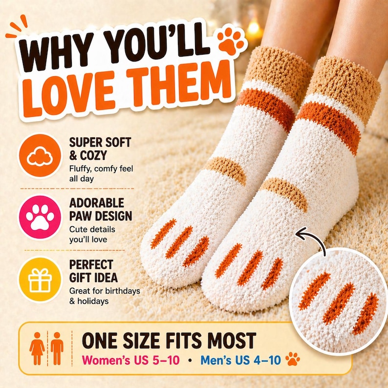 May include: A pair of cream-colored fuzzy socks with brown and orange accents, featuring a paw print design on the toes and a striped cuff. The text reads: WHY YOU'LL LOVE THEM, SUPER SOFT & COZY, ADORABLE PAW DESIGN, PERFECT GIFT IDEA, ONE SIZE FITS MOST.