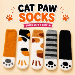 May include: Five fuzzy socks with cat paw designs. The text reads CAT PAW SOCKS and SUPER SOFT & CUTE. The socks feature orange, black, white, and gray patterns with paw pad details at the toes. The socks have a plush, textured appearance.