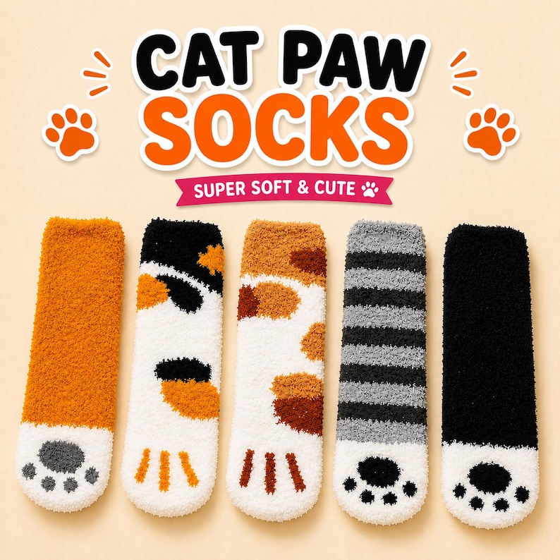 May include: Five fuzzy socks with cat paw designs. The text reads CAT PAW SOCKS and SUPER SOFT & CUTE. The socks feature orange, black, white, and gray patterns with paw pad details at the toes. The socks have a plush, textured appearance.