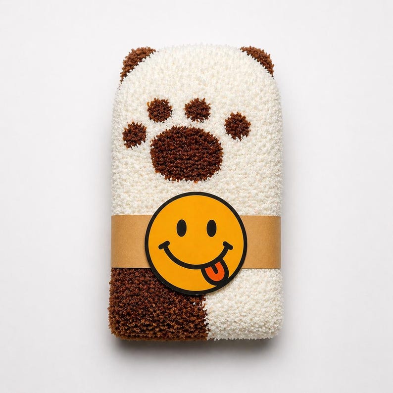 May include: A pair of folded fuzzy socks made of white and brown textured material. The socks feature a brown paw print design at the top and are secured with a tan paper band displaying a yellow circular smiley face with a tongue sticking out.