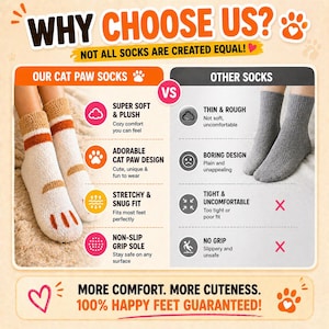 May include: A comparison chart titled WHY CHOOSE US? NOT ALL SOCKS ARE CREATED EQUAL! featuring plush white and tan cat paw socks with orange stripes on the left, contrasted against plain grey socks on the right, with text detailing features.