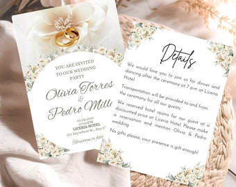 Plantilla de invitación de boda de flores silvestres, invitación de boda imprimible, boda de invitación floral natural blanco verde, corona floral