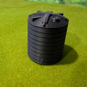 May include: A black plastic water tank with a round top and a textured surface. The tank has a series of horizontal lines around the body.