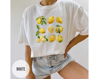 Lemon Shirt Fruit Graphic Tee for Women Lemon Pattern T-Shirt Gift for Her Boho Shirt Fruit Shirt Yellow Gift for Farmer Summer Vibe Tee