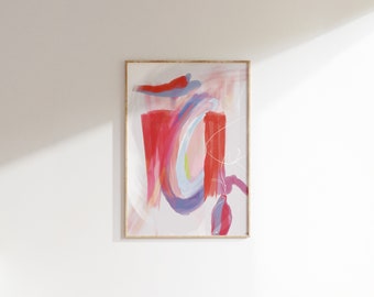 Peut inclure: Peinture abstraite avec un schéma de couleurs rouge, rose, bleu et blanc. La peinture est encadrée dans un cadre en bois clair.