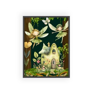 Poster Kinderzimmer mit Feen Elfen in grün gerahmt, Deko Dekoration, Bilder Märchen Zauberwelt