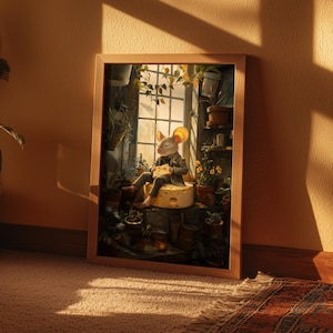 Vintage Maus Kunstdruck | Cottagecore Wanddekor | Gemütliches Geschenk für Pflanzenliebhaber | Poster Botanische Käsemaus | Skurrile Ästhetik