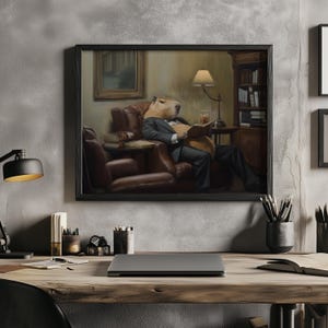 Print met capibara-zakenman | Grappige dieren kantoordecoratie | Grillige capibara kunst aan de muur | Cadeau voor collega | Leuke professionele dierenposter