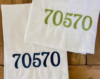 Embroidered Zip Code Tea Towels | Flour Sack Hand Towel | Monogrammed Tea Towel | Kitchen Towel | Housewarming Gift | Wedding Shower Gift