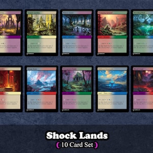 May include: A set of ten Magic: The Gathering cards featuring shock lands. The cards are arranged in two rows of five. Each card features a different land type and a unique illustration. The cards are all in the same style and have a similar color scheme.