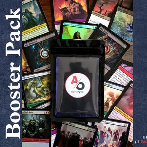 May include: A black booster pack with the Alpha One logo is surrounded by various trading cards. The text "Booster Pack" is on the left side of the image. The bottom right corner of the image has the text "8 Card Booster (2 Foils in Every Pack)".