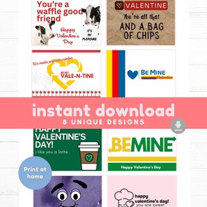 May include: Printable Valentine's Day cards with various designs, including cows, hearts, and text like "You're a waffle good friend" and "Be My Vale-N-tine".