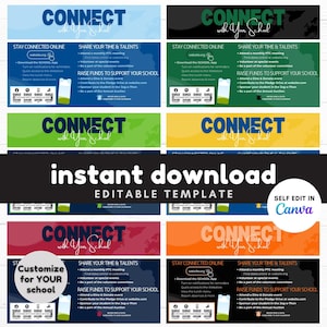 Könnte beinhalten: Ein Satz von vier editierbaren Vorlagen, um mit Ihrer Schule in Kontakt zu treten. Die Vorlagen zeigen einen bunten Weltkartenhintergrund mit dem Text "CONNECT with Your School" in fetter, weißer Schrift. Jede Vorlage enthält Abschnitte zum Vernetzen online, zum Teilen Ihrer Zeit und Talente und zum Sammeln von Spenden zur Unterstützung Ihrer Schule. Die Vorlagen sind so konzipiert, dass sie in Canva selbst bearbeitet werden können.