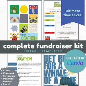 May include: A complete fundraiser kit featuring editable templates for a Hillview School Jogathon. The documents include colourful illustrations of a frog, mushroom, dog, butterfly, panda, and ladybug, alongside text detailing sponsorship levels and event information.