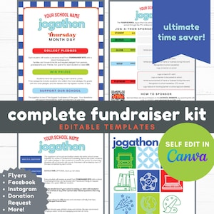 May include: A complete fundraiser kit featuring editable templates for a school jogathon. The documents include flyers, sponsorship levels, and event details with blue, green, red, and yellow accents. Text includes "YOUR SCHOOL NAME", "jogathon", and "ultimate time saver!"