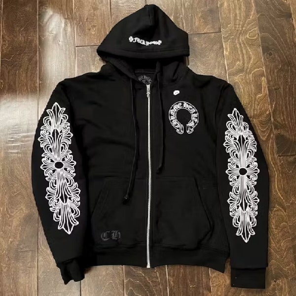 Beautiful  Black Streetwear unisex  horseshoe logo zip up hoodie