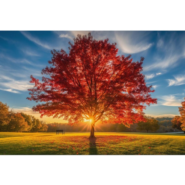 Majestic Maple Tree in Fall at Sunrise | Wall Art Design | Home & Office Decoration | Rolled Poster