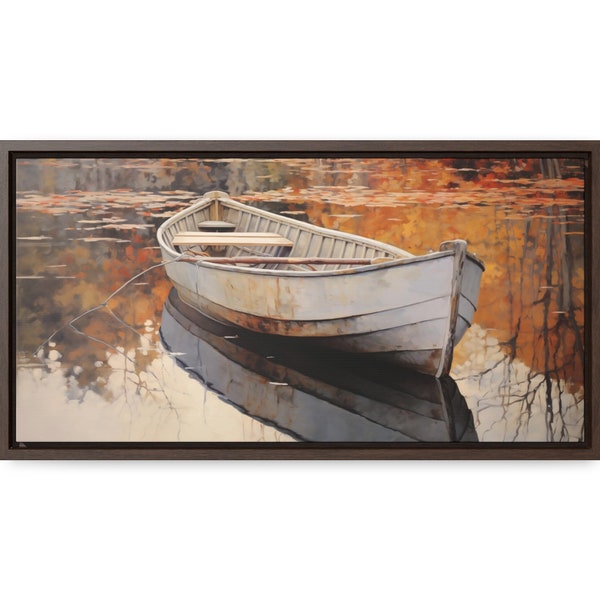 Bateau à rames sur un lac serein en automne, peinture à l'huile, décoration murale | Impression décorative sur toile pour la maison et le bureau | Toile prête à accrocher