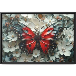 Puede incluir: Una mariposa roja y negra con detalles intrincados está rodeada de flores blancas. Las alas de la mariposa están extendidas, mostrando sus colores vibrantes y sus delicados patrones.