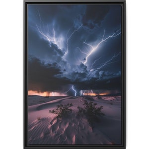 May include: A dramatic landscape photograph of a desert scene with lightning strikes in the distance. The sky is dark and stormy, with flashes of lightning illuminating the sand dunes.