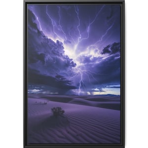 May include: A dramatic photograph of a lightning strike over a purple sand dune desert landscape.
