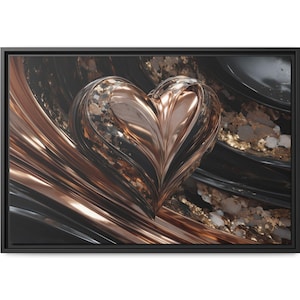 May include: A framed canvas art print featuring a metallic heart in shades of rose gold and silver. The heart is the focal point, set against a backdrop of swirling bronze and black abstract shapes. The artwork is encased in a black frame.
