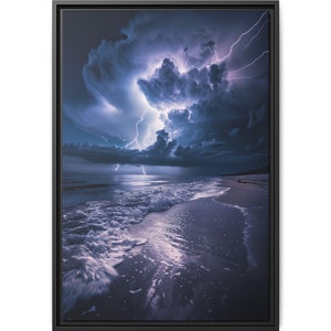 May include: A dramatic seascape with a stormy sky filled with lightning bolts over a beach with waves crashing on the shore.